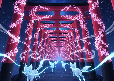 Magical Foxes in Cherry Blossom Torii Gates