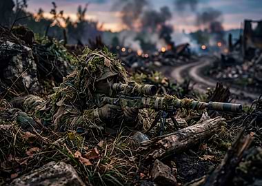 Camouflaged Sniper in War Zone