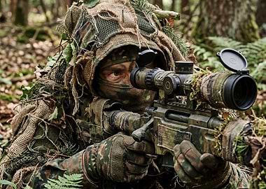 Camouflaged Sniper in Forest