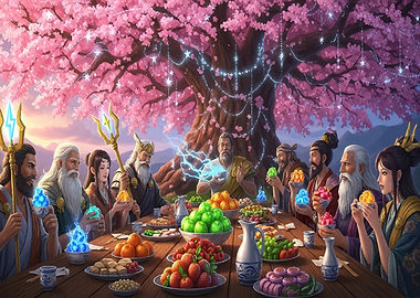 Mythical Feast Under Cherry Blossoms