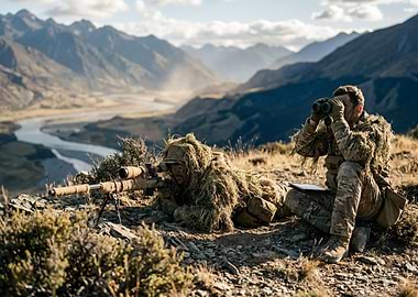 Snipers in camouflage overlooking a valley