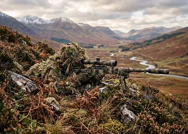 Sniper in camouflage in mountainous terrain