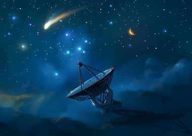 Satellite dish under a starry sky