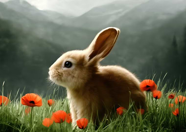 Cute Rabbit in a Poppy Field