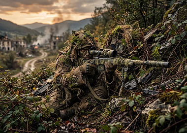 Sniper in camouflage aiming rifle