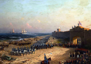 Military Landing Scene with Ships and Fortress