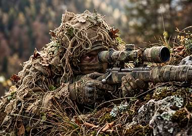 Sniper in Ghillie Suit Aiming Rifle