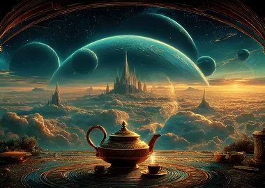 Cosmic Tea Ceremony with Floating City
