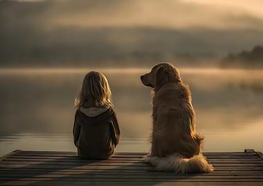 Child and dog on a dock