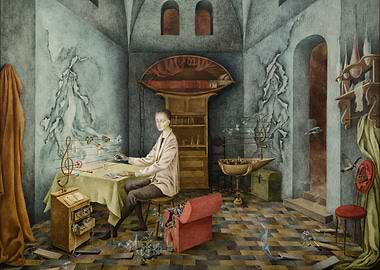 Remedios Varo Surrealist Room with Musician and Birds