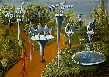 Surreal Garden with Sculptures and Figure