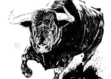 Ink Wash Bull Charging
