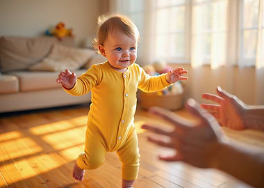 Baby taking first steps towards parent