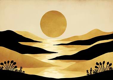 Golden Sunset Over Mountains and River