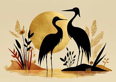 Silhouettes of Cranes by a Golden Sun
