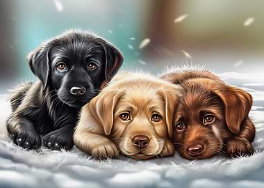 Three Labrador Puppies in Snow