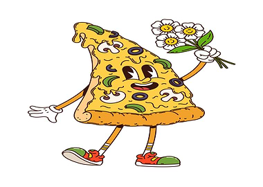 Cartoon Pizza Slice Holding Flowers