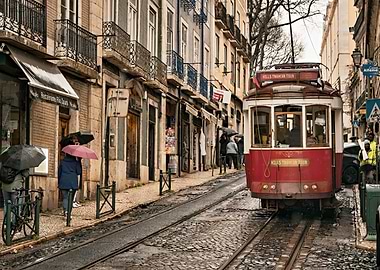 Red Tram on Cobblestone Street in Rain - Lisbon