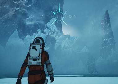 Astronaut in icy landscape with Aphelion logo