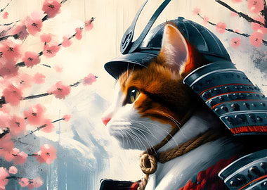 Samurai Cat with Cherry Blossoms
