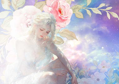 Ethereal Woman with Flowers and Cosmic Sky For Ostara