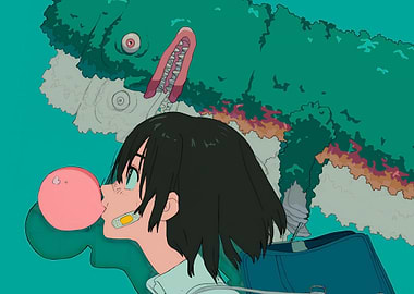 Girl blowing bubblegum with monster behind her