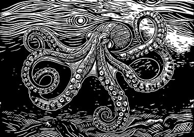 Octopus Linocut Marine Art Illustration
