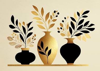 Golden and Black Floral Vases