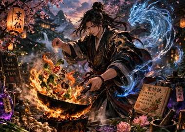 Fantasy Chef Cooking with Magical Dragon