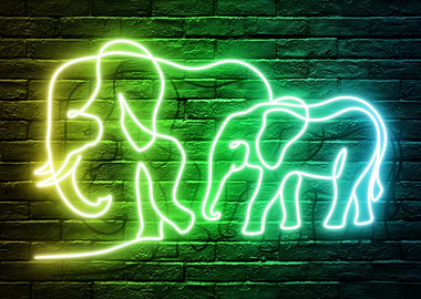Neon Elephant Family on Brick Wall