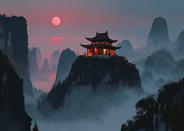 Serene Mountain Temple at Sunset