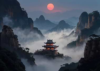 Ancient Pagoda in Misty Mountains