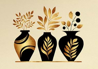 Golden Floral Vases on Beige Background