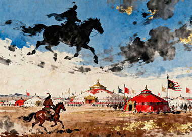 Mongol Warrior Camp with Horsemen