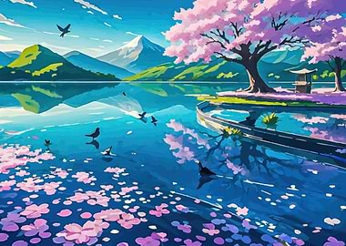 Serene Japanese Lakeside Cherry Blossoms