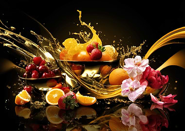 Golden Fruit Splash with Flowers