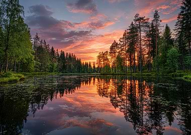 Sunset Reflection on a Forest Lake
