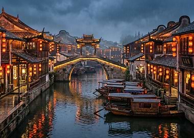 Ancient Chinese Canal Town at Night