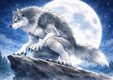 Werewolf on a cliff under the moon