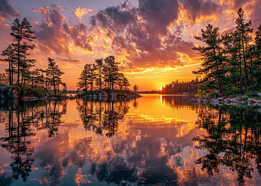 Sunset over a tranquil lake with islands