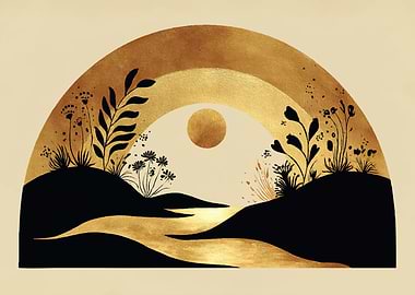 Golden Rainbow Landscape with Sun and Plants