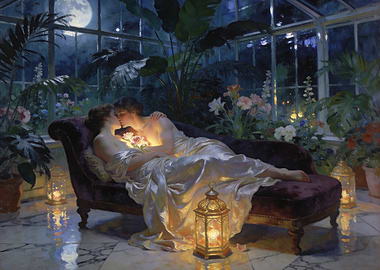 Romantic Couple in a Moonlit Conservatory