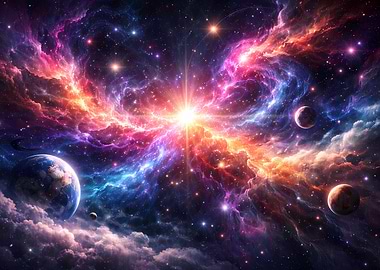 Vibrant Nebula with Planets