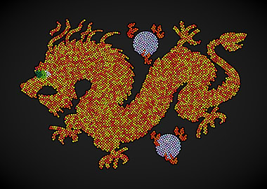 Chinese Dragon Dot Art — Fiery Red Dragon Chasing Pearls Pointillism Design
