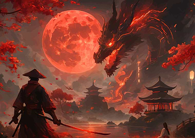Samurai vs Dragon Under Red Moon