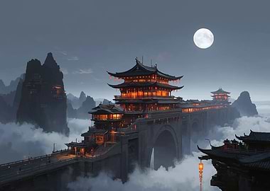 Mystical Asian Bridge at Night