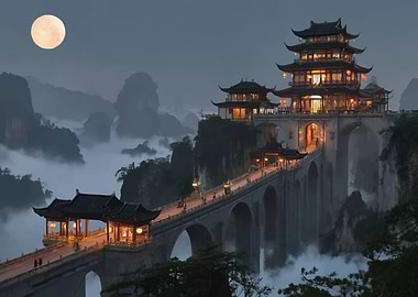 Ancient Asian Pagoda Bridge at Night