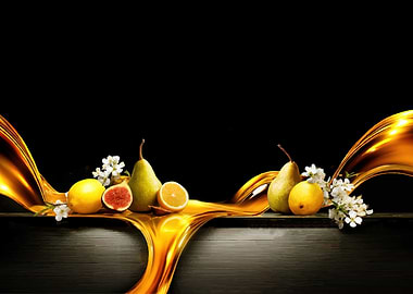 Golden Liquid Pouring Over Fruit