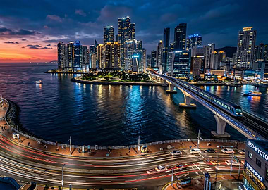 Busan Cityscape at Dusk with Train