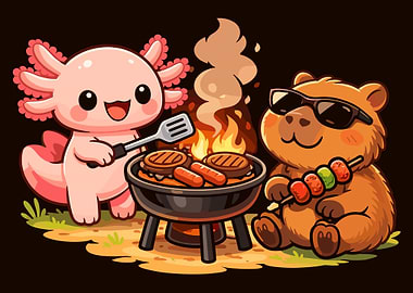 Axolotl and Bear BBQ Poster, Cute Summer Grill Art, Fun Outdoor Cooking Wall Print